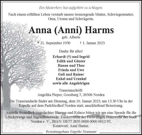 Traueranzeigen Von Anna Harms Ok Trauer De