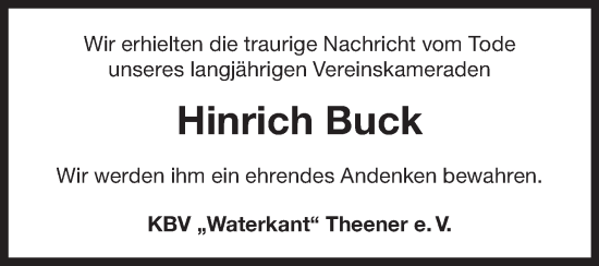 Traueranzeige von Hinrich Buck von Ostfriesischer Kurier
